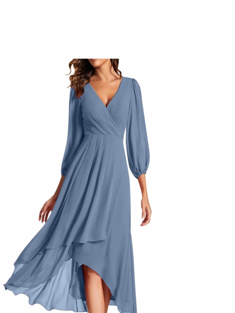 Elegant Blue V-Neck Wrap Midi Dress with Long Sleeves